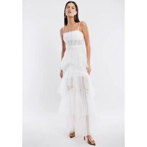 BCBGMAXAZRIA Oly Tiered Ruffle Tulle Evening Gown Gardenia Womens Size 14